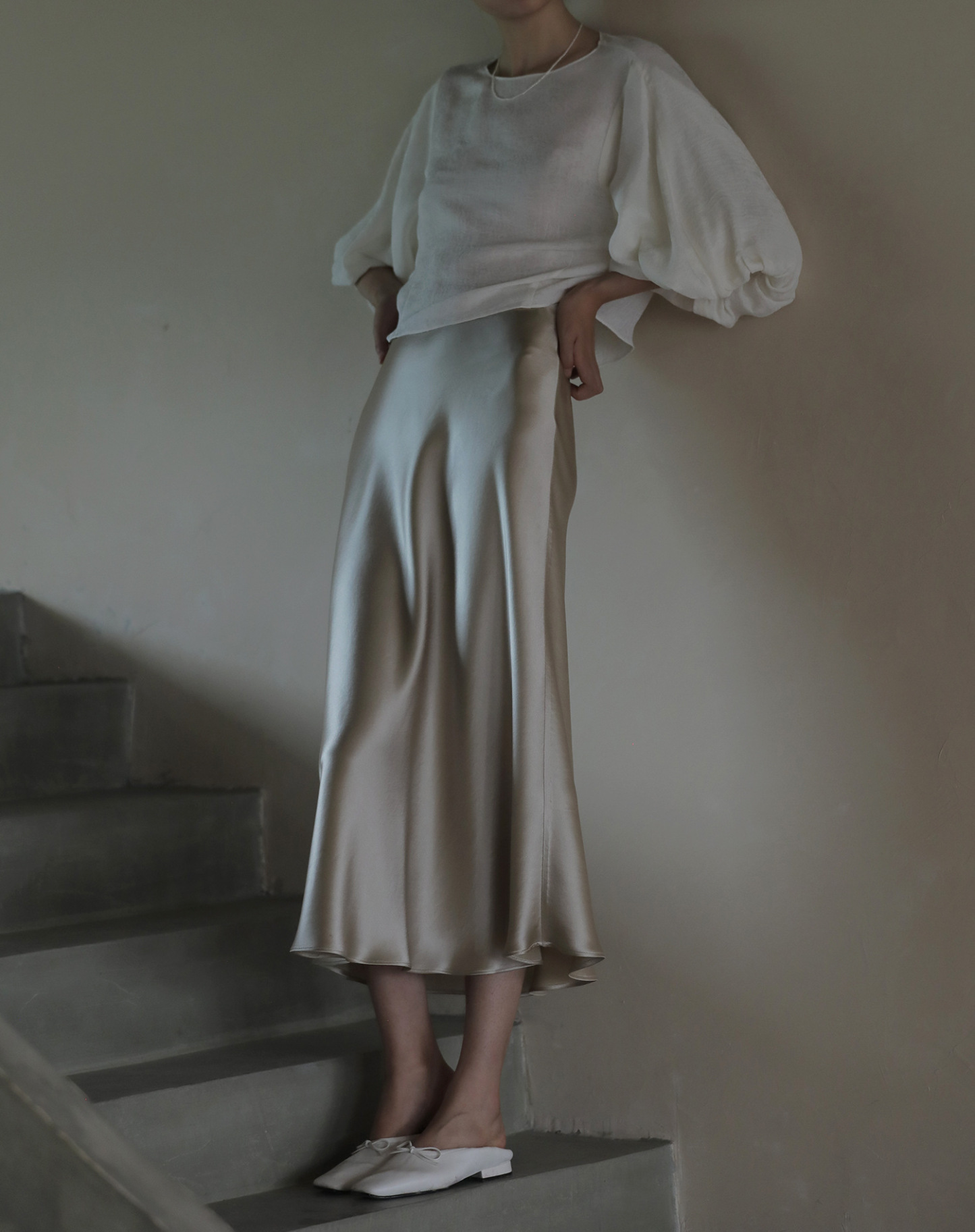 Beige Satin High-Rise A-Line Midi Skirt