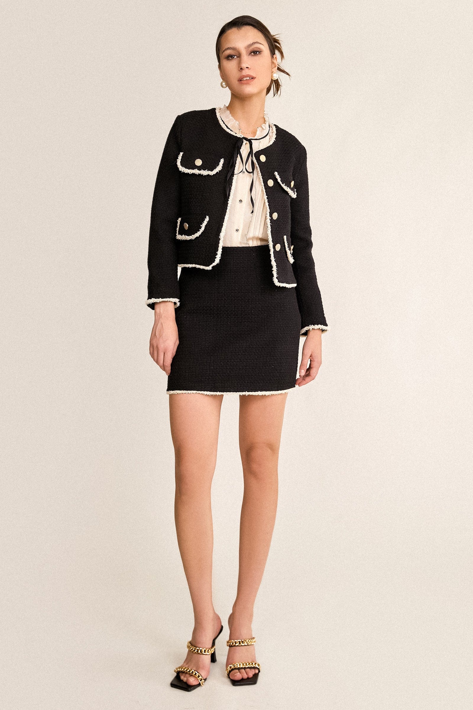 Black Contrast Frayed Trim Tweed Jacket & Mini Skirt Two-Piece Set