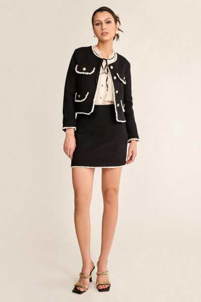 Black Contrast Frayed Trim Tweed Jacket & Mini Skirt Two-Piece Set
