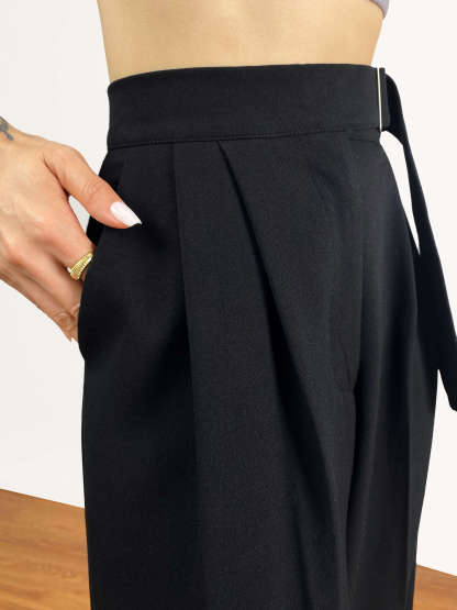 Black Buckle Strap Detail Pleated Front Wide Leg Pants