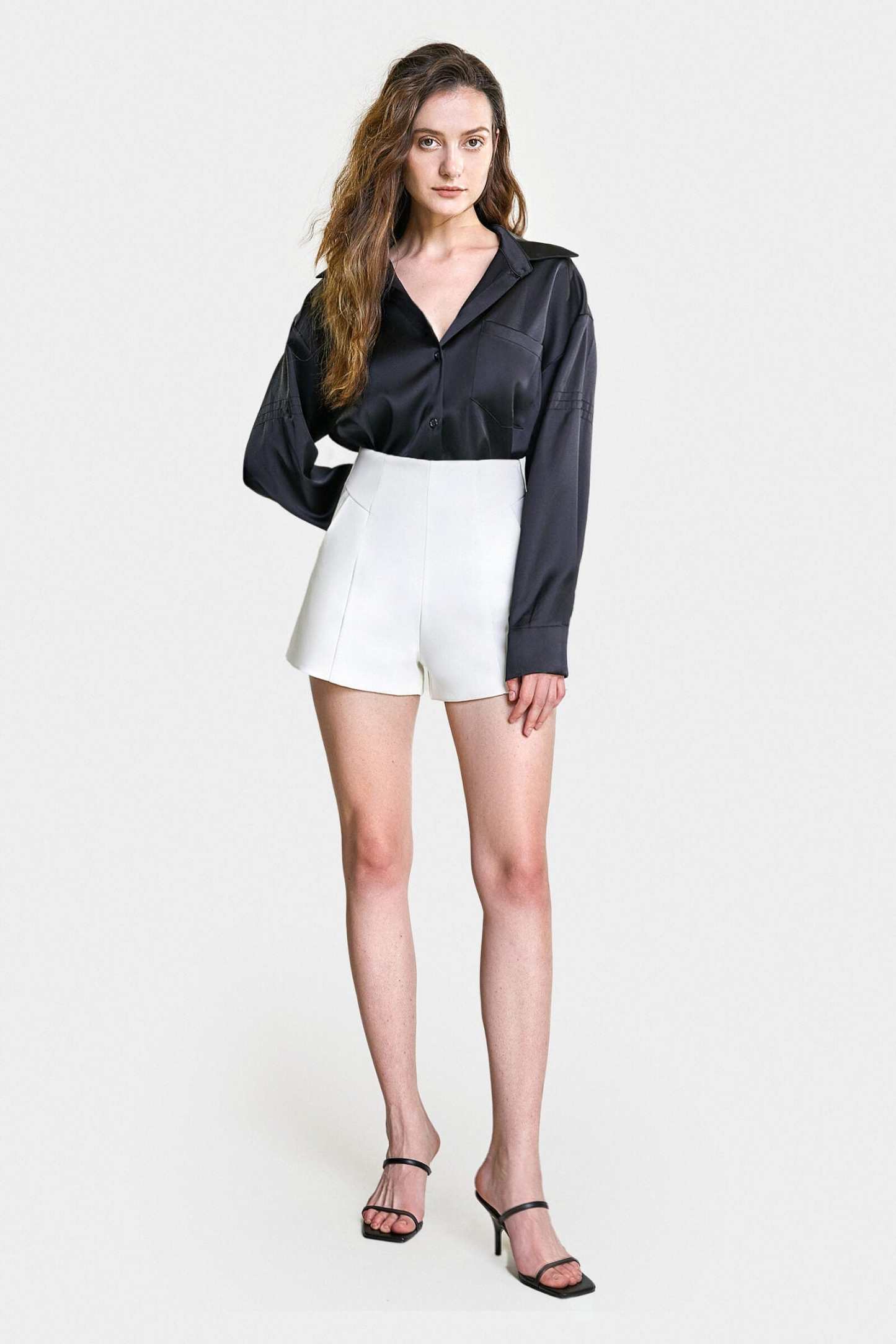 Black Satin Button Front Chest Pocket Shirt