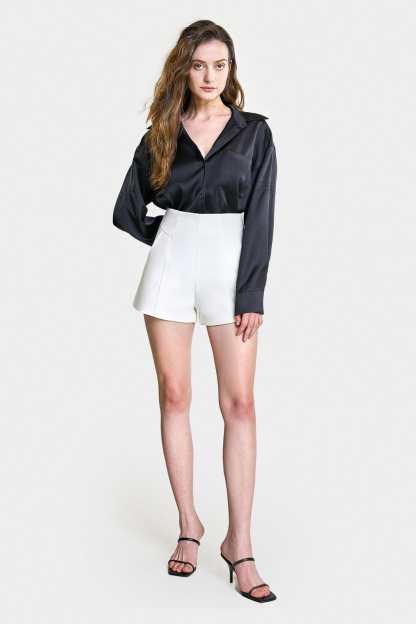 Black Satin Button Front Chest Pocket Shirt