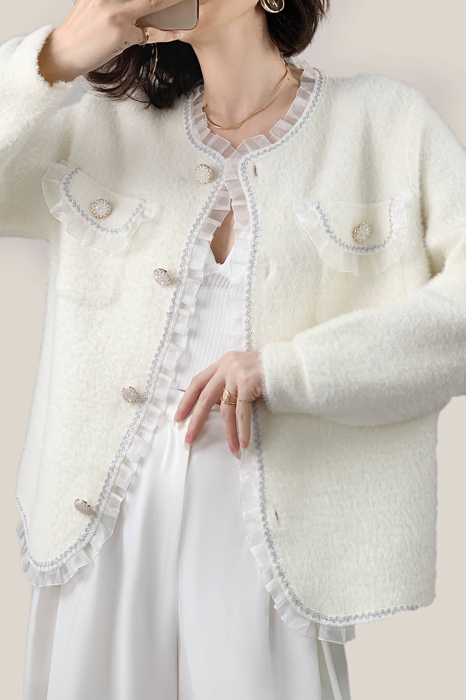Ivory Faux Fur Ruffled Button-Up Cardigan