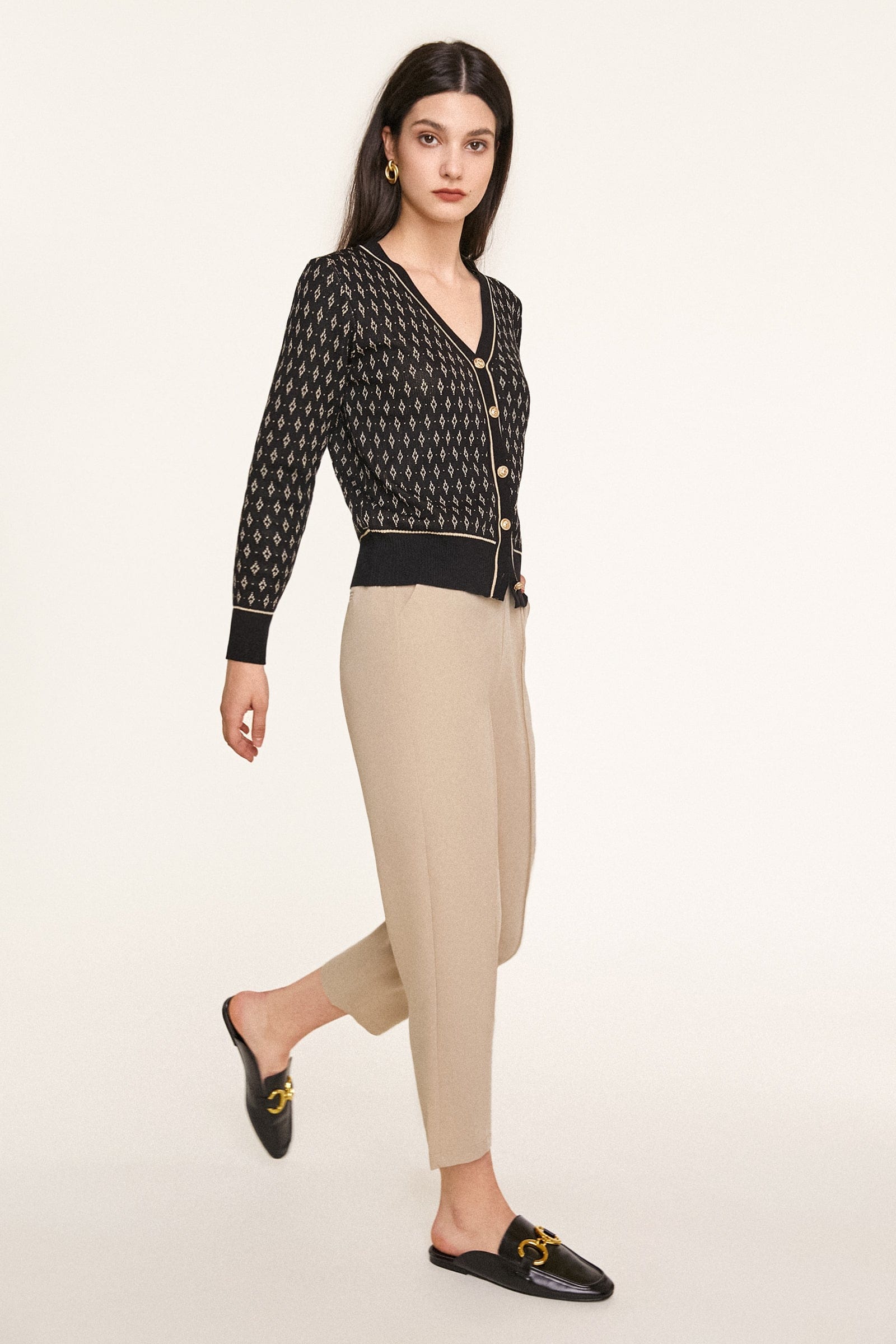 Black Jacquard-Knit V-Neck Button-Up Cardigan