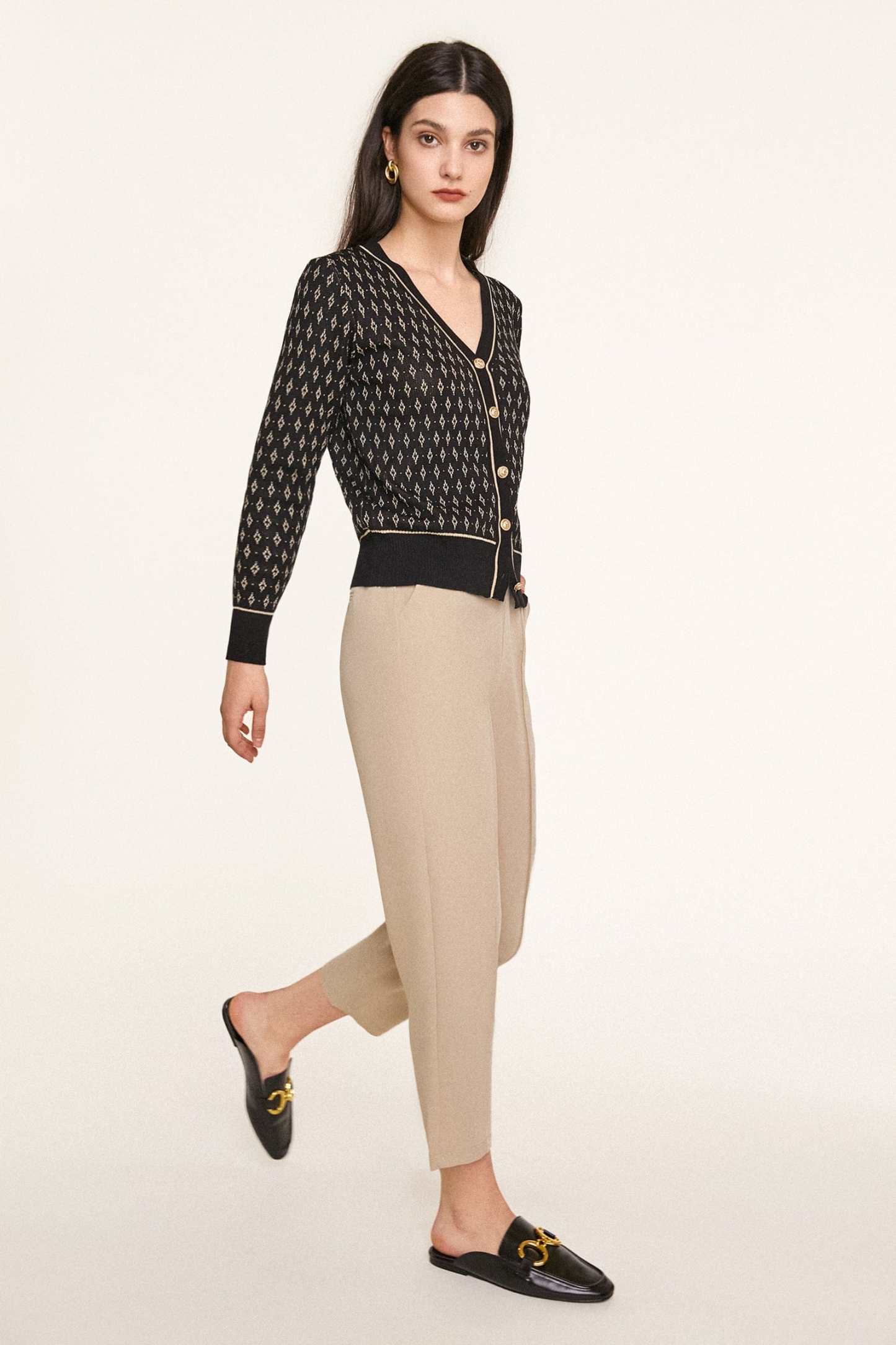 Black Jacquard-Knit V-Neck Button-Up Cardigan