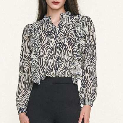 Black Zebra Print Ruffle Trim Button-Up Chiffon Work Shirt