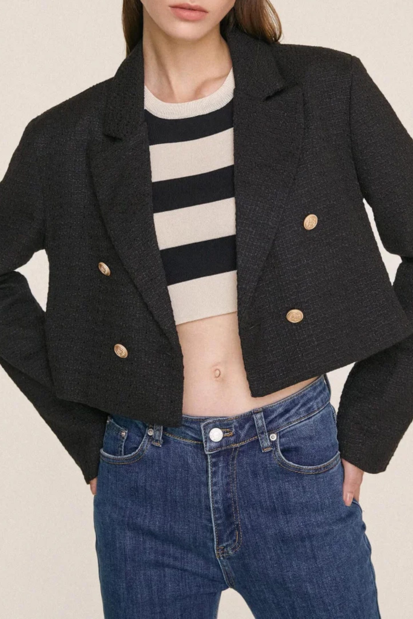 Black Textured Double-Breasted Cropped Tweed Blazer