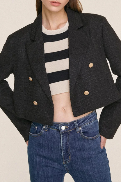 Black Textured Double-Breasted Cropped Tweed Blazer