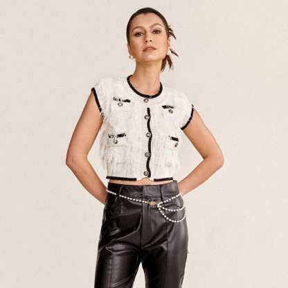 Ivory Frayed Button-Up Contrast Trim Cropped Knit Top