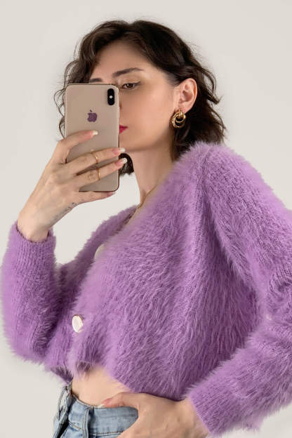 Orchid V-Neck Fuzzy Knit Cropped Cardigan