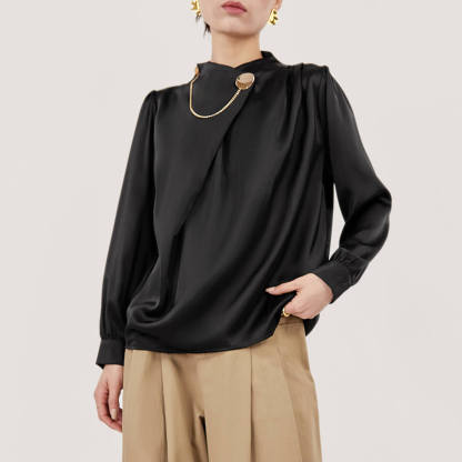 Black Mock Neck Ornamental Lantern Sleeve Blouse