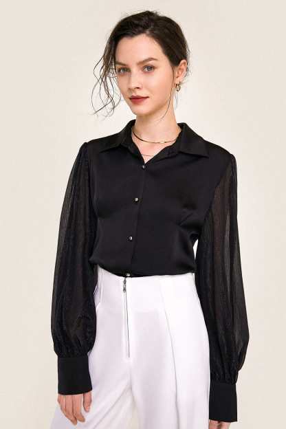 Black Button-Up Balloon Sleeve Satin Shirt