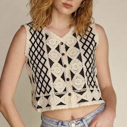 Black Diamond Check Button-Up Knitted Vest Top