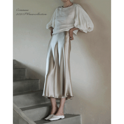 Beige Satin High-Rise A-Line Midi Skirt