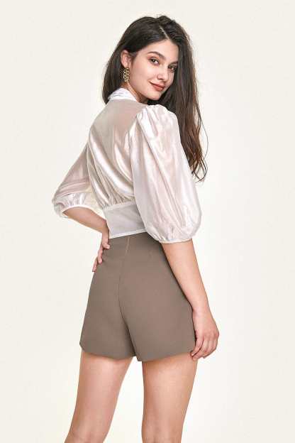White Tie Hem Button Front Three-Quarter Puff-Sleeve Blouse