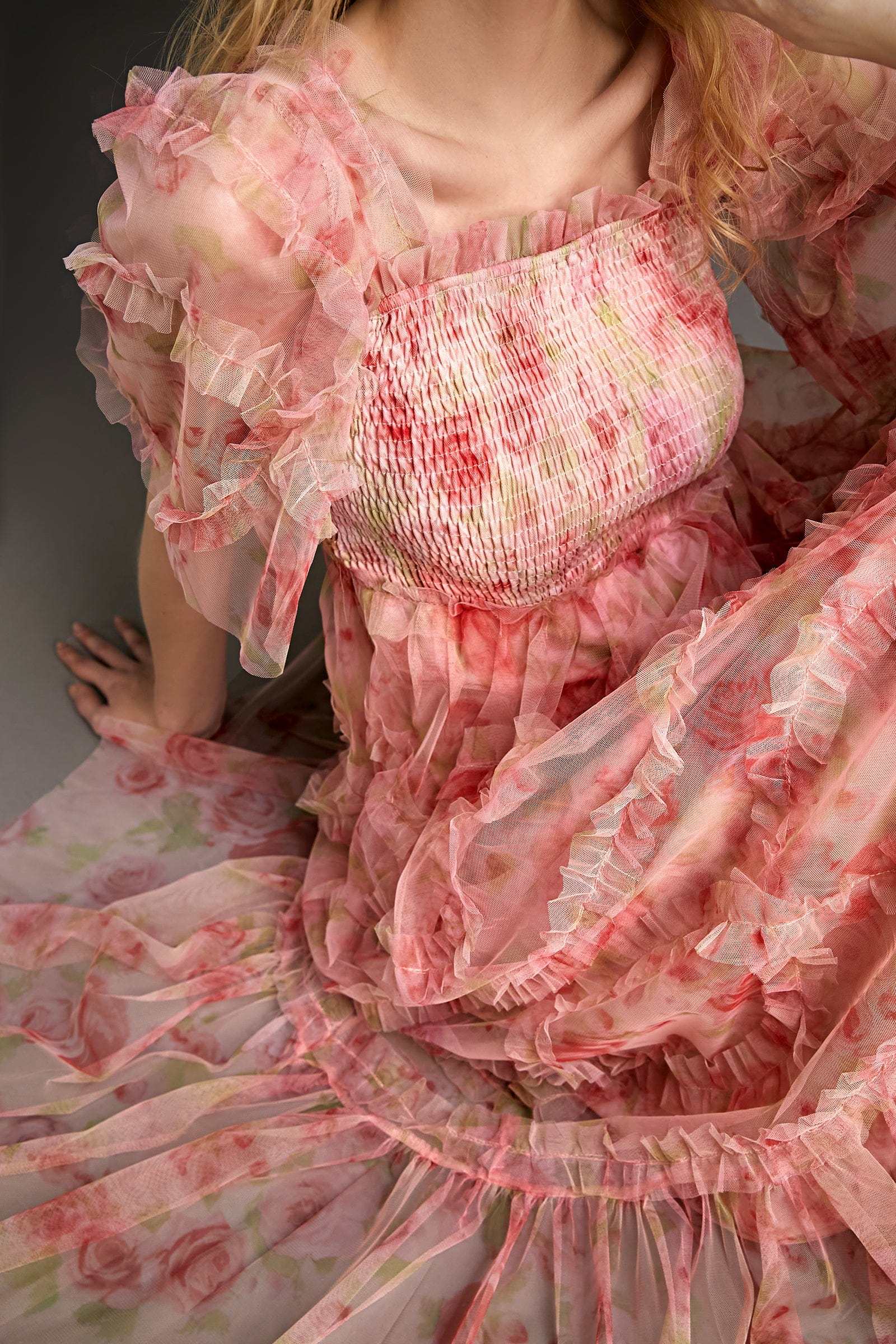 Pink Ruffled Smocked Floral Print Mesh Maxi Dress