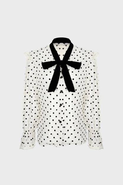 Beige Polka Dot Tie-Neck Blouse