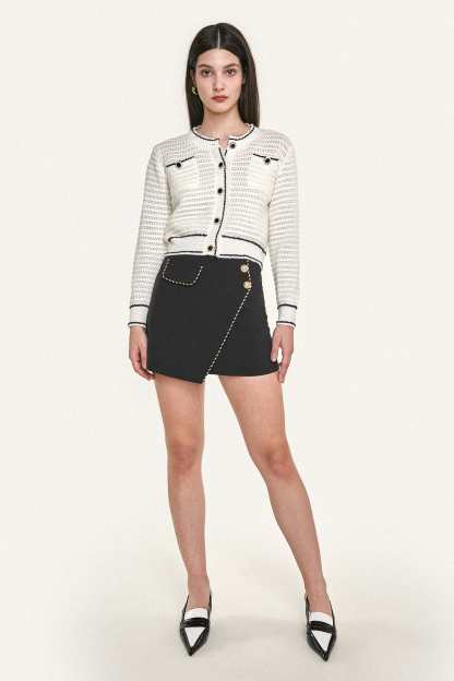 White Contrast Trim Button-Up Pointelle-Knit Cardigan