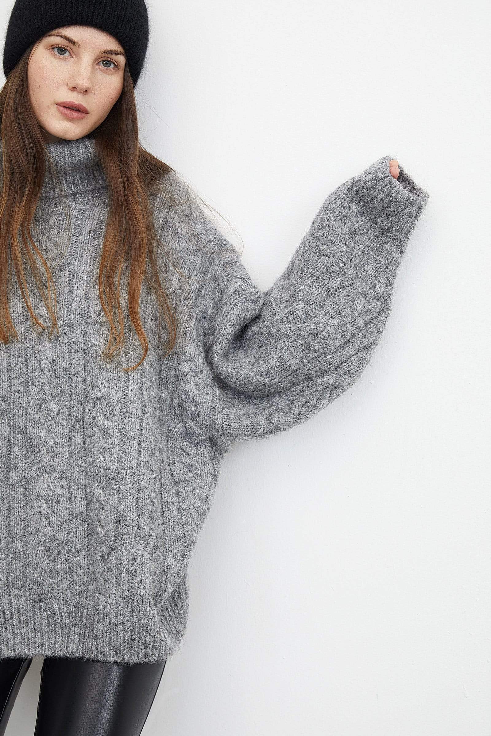 Chunky Grey Cable Knit Turtleneck