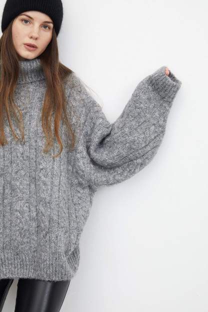 Chunky Grey Cable Knit Turtleneck