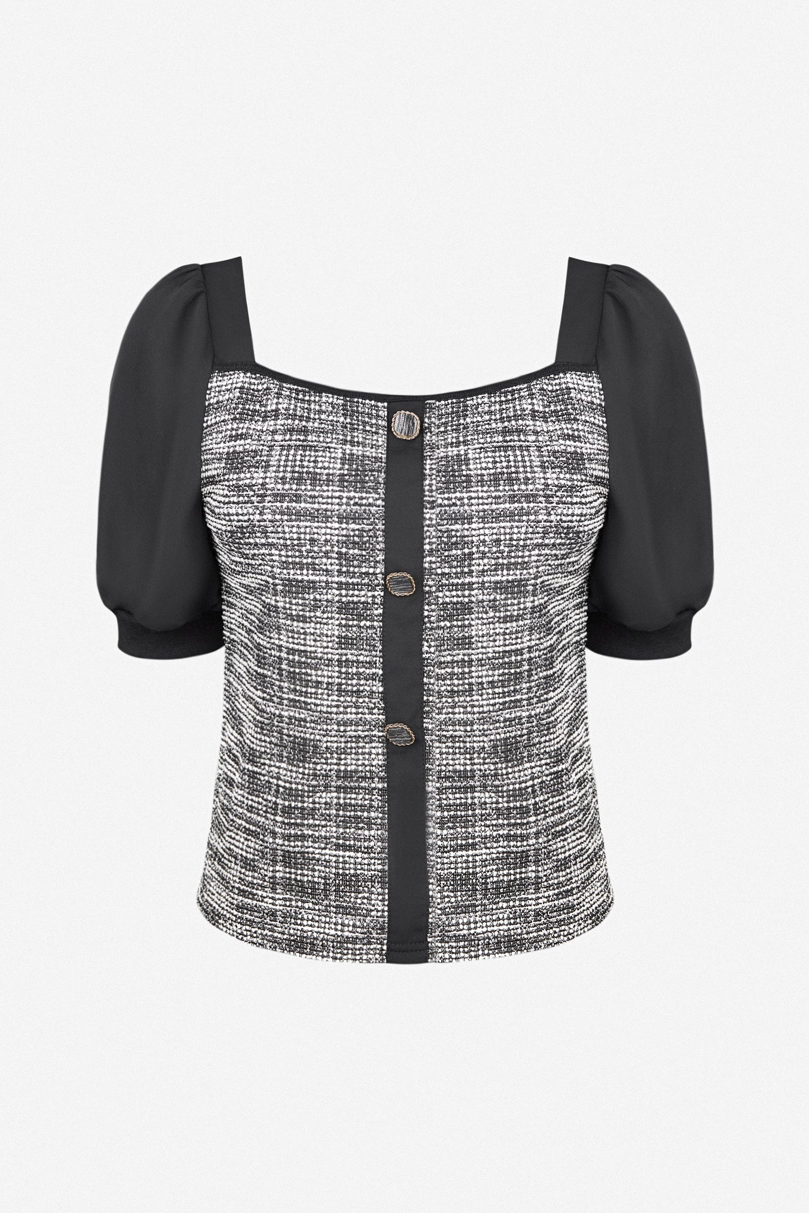 Black Tweed Square Neck Button Detail Puff Sleeve Blouse