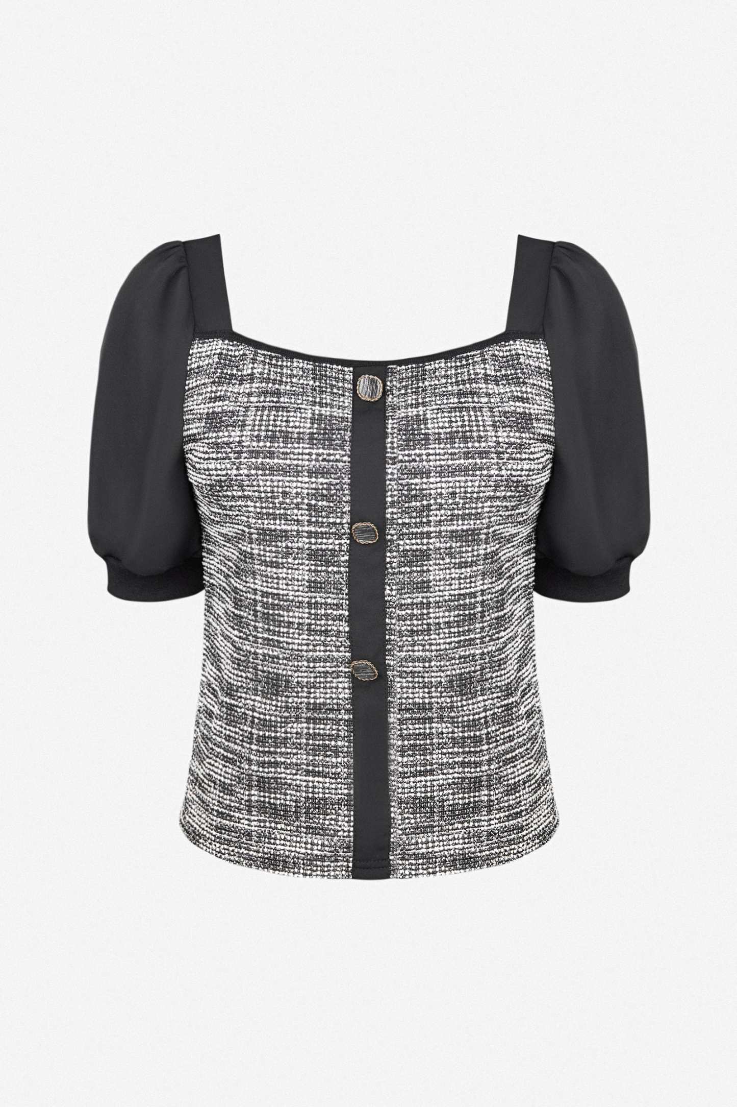 Black Tweed Square Neck Button Detail Puff Sleeve Blouse