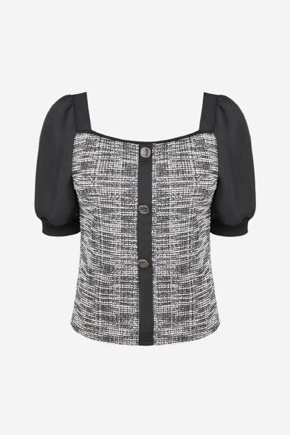 Black Tweed Square Neck Button Detail Puff Sleeve Blouse