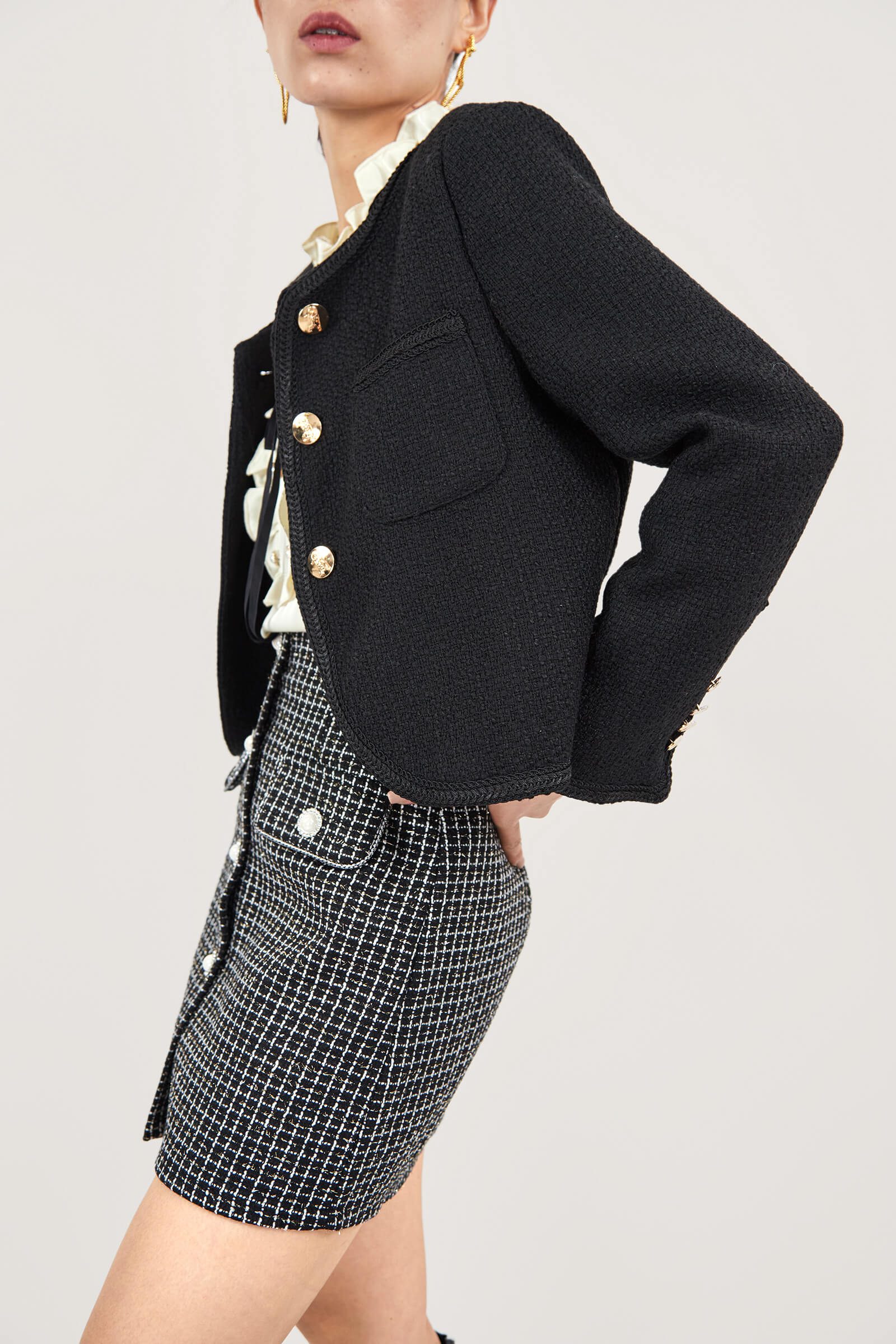 Black Frenchy Button Front Detail Tweed Jacket