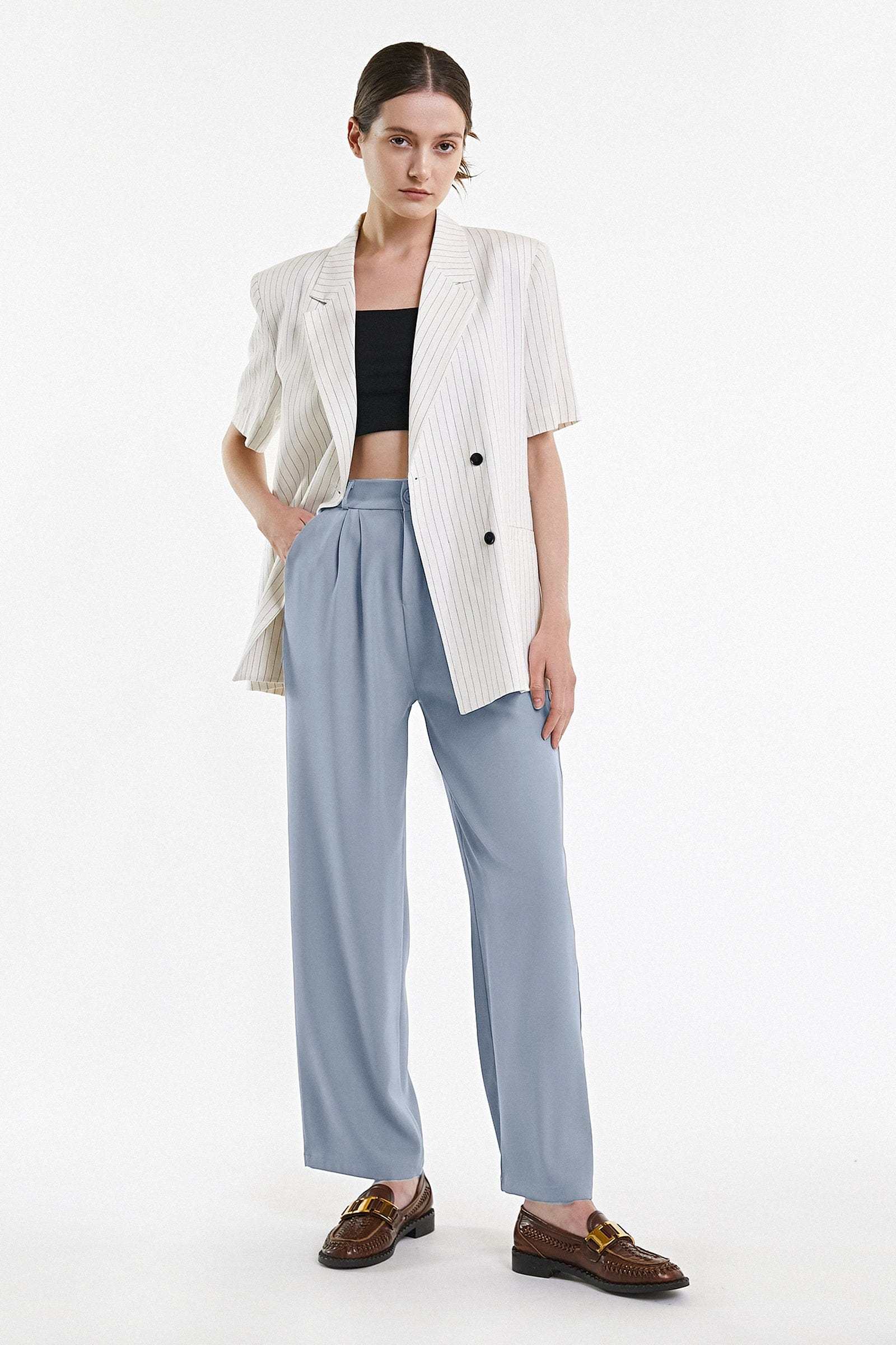 Light Steel Blue  Half Elastic Pleat Detail Wide Leg Suit Pants