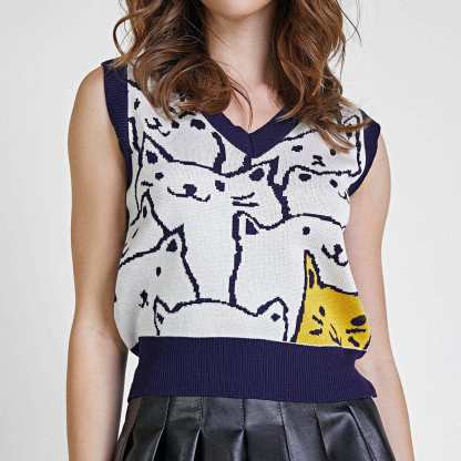 Midnight Blue Cat Print Knitted Vest