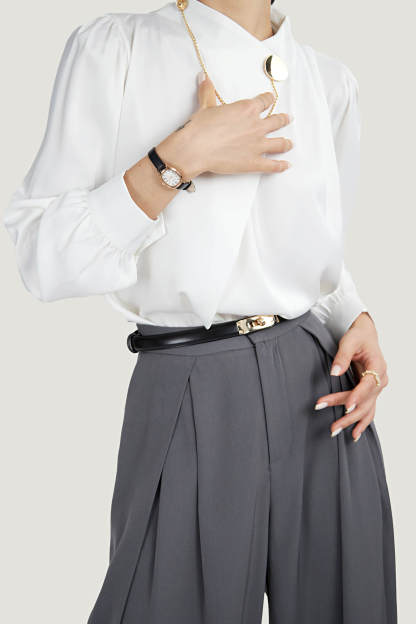 White Mock Neck Ornamental Lantern Sleeve Blouse