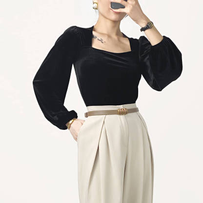 Black Velvet Balloon Sleeve Square Neck Blouse