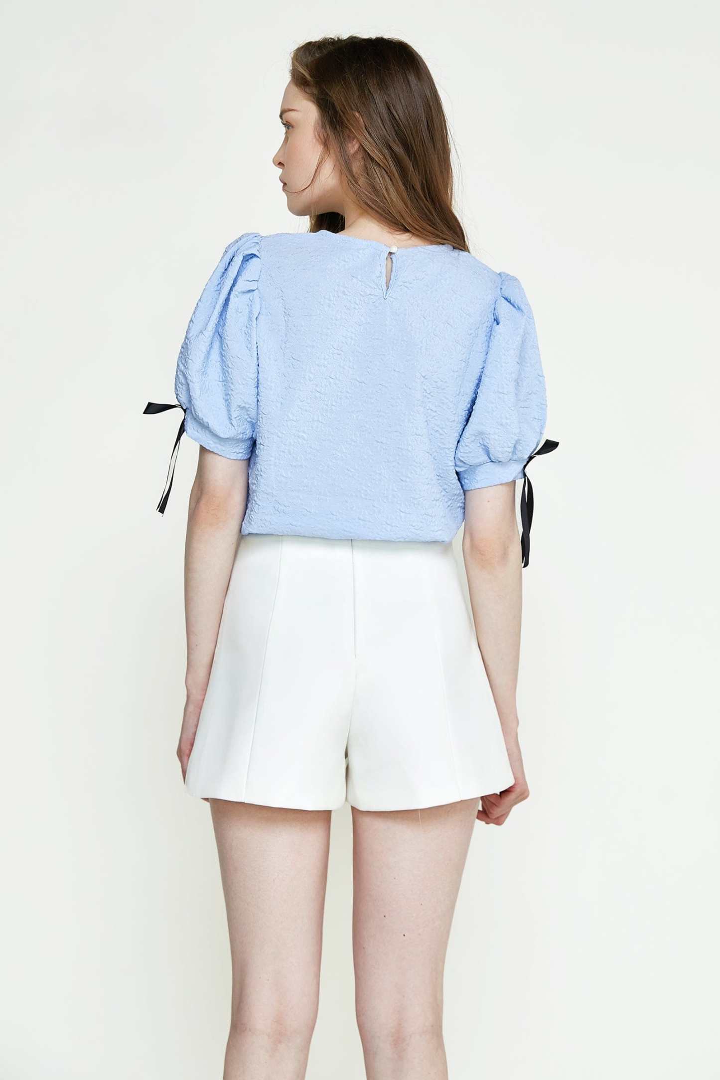 Cornflower Blue Textured Bowknot Decor Puff Sleeve Blouse