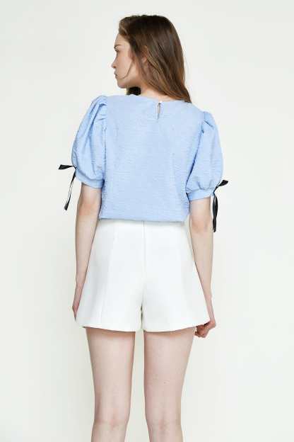 Cornflower Blue Textured Bowknot Decor Puff Sleeve Blouse