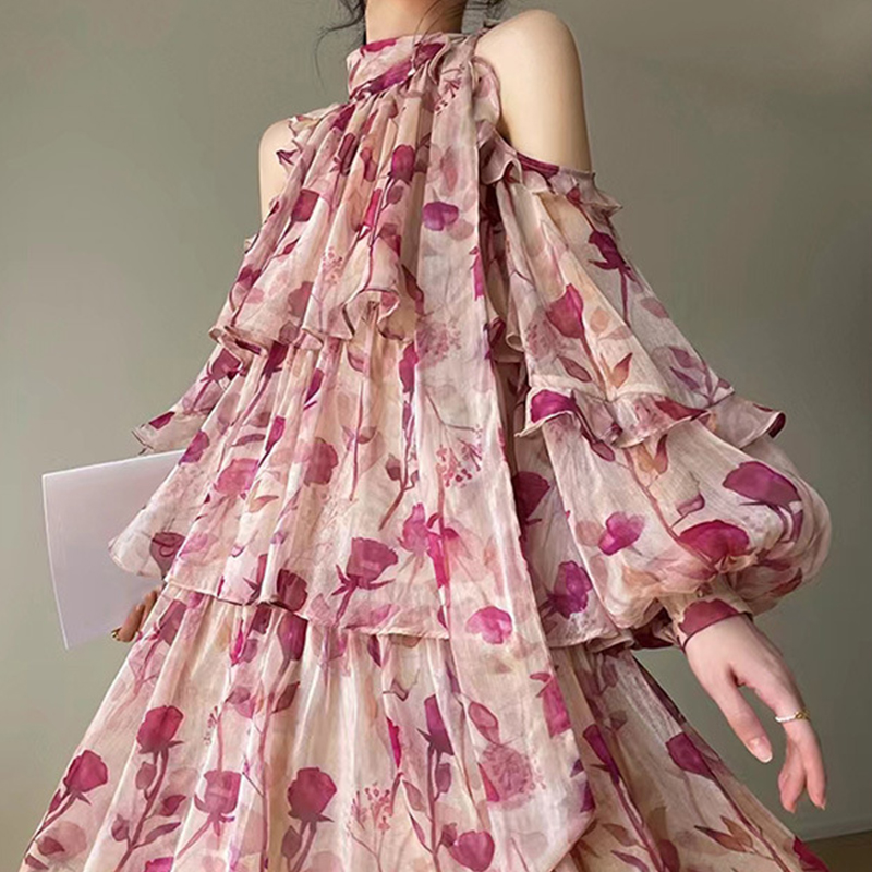 Pink Floral Print Neckline Bow Tie Mini Dress