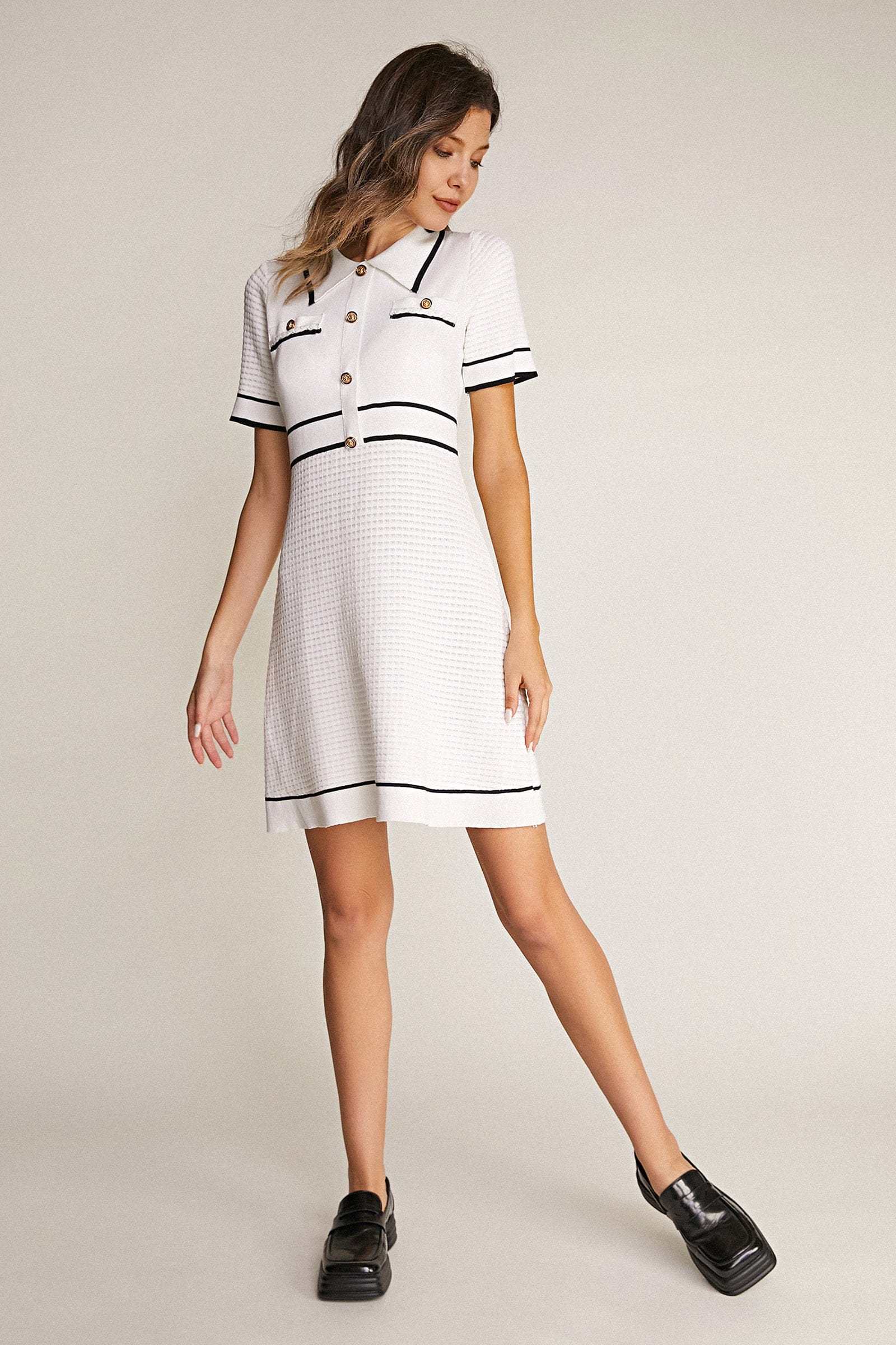 White Contrast Trim Collared Knitted Mini Dress