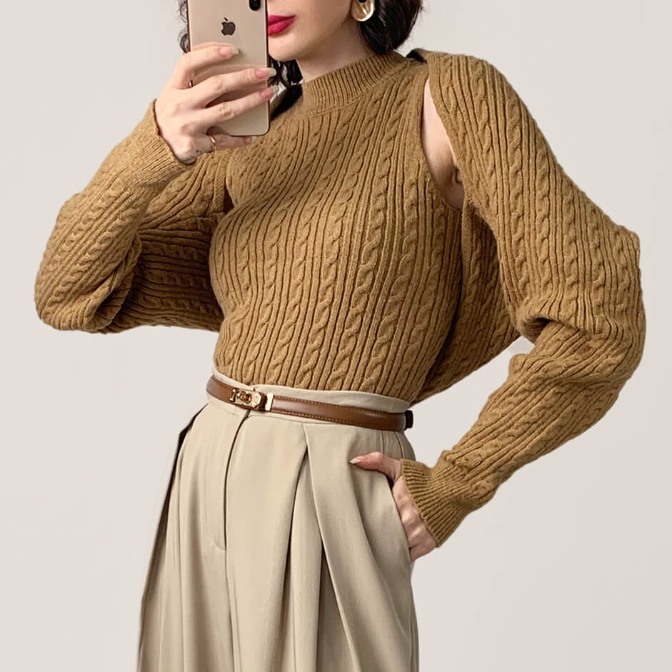 Peru Cable Knit Shrug Cardigan & Vest Two-Piece Set