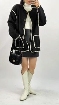 Black Contrast Drop Shoulder Wool-Blend Tweed Coat with Scarf