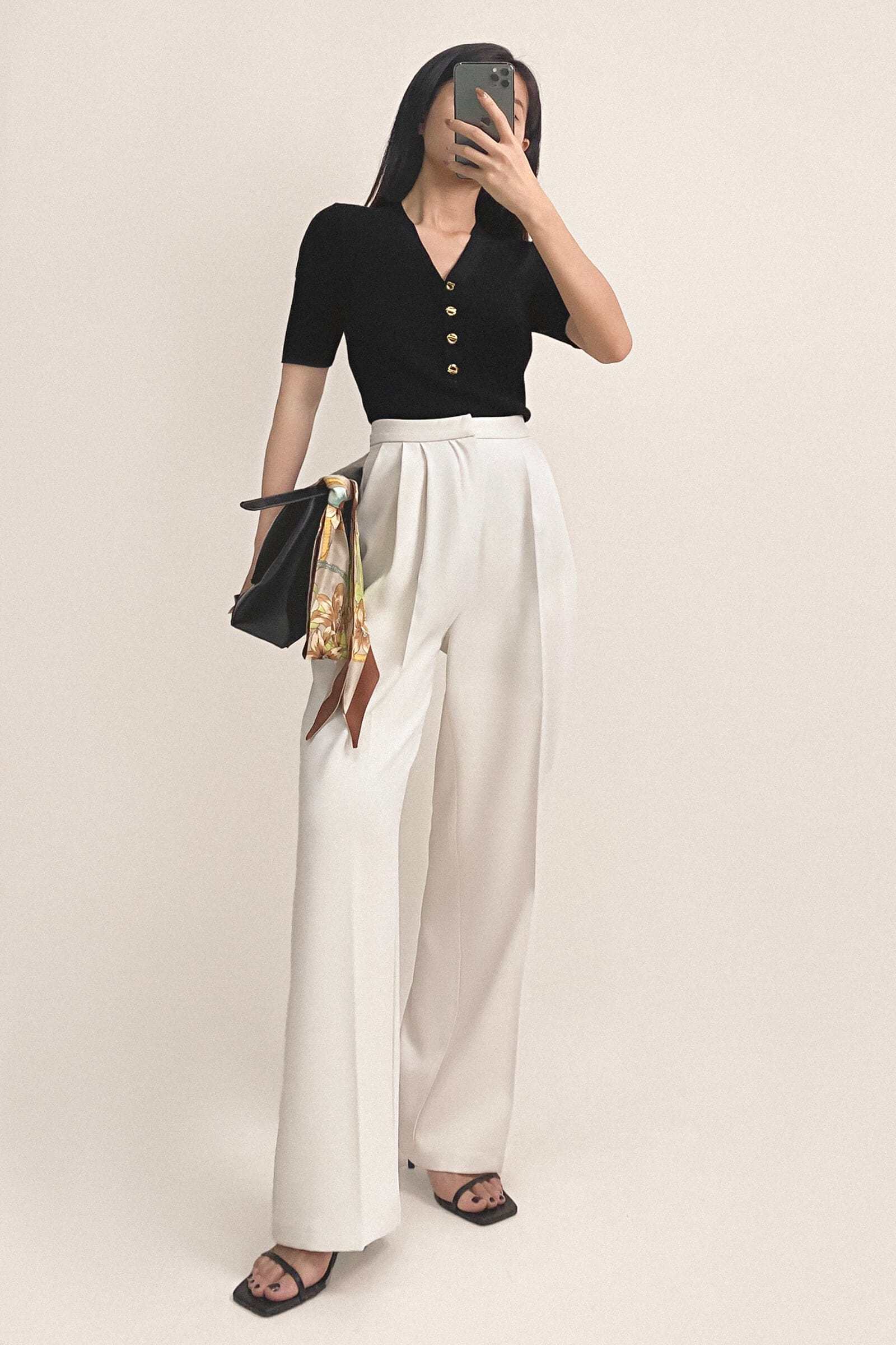 White Pleat Detail Wide Leg Work Pants