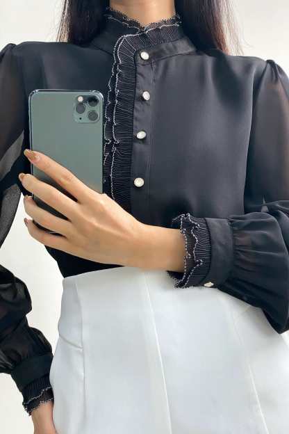 Black High Neck Ruffle Detail Button-Up Work Shirt