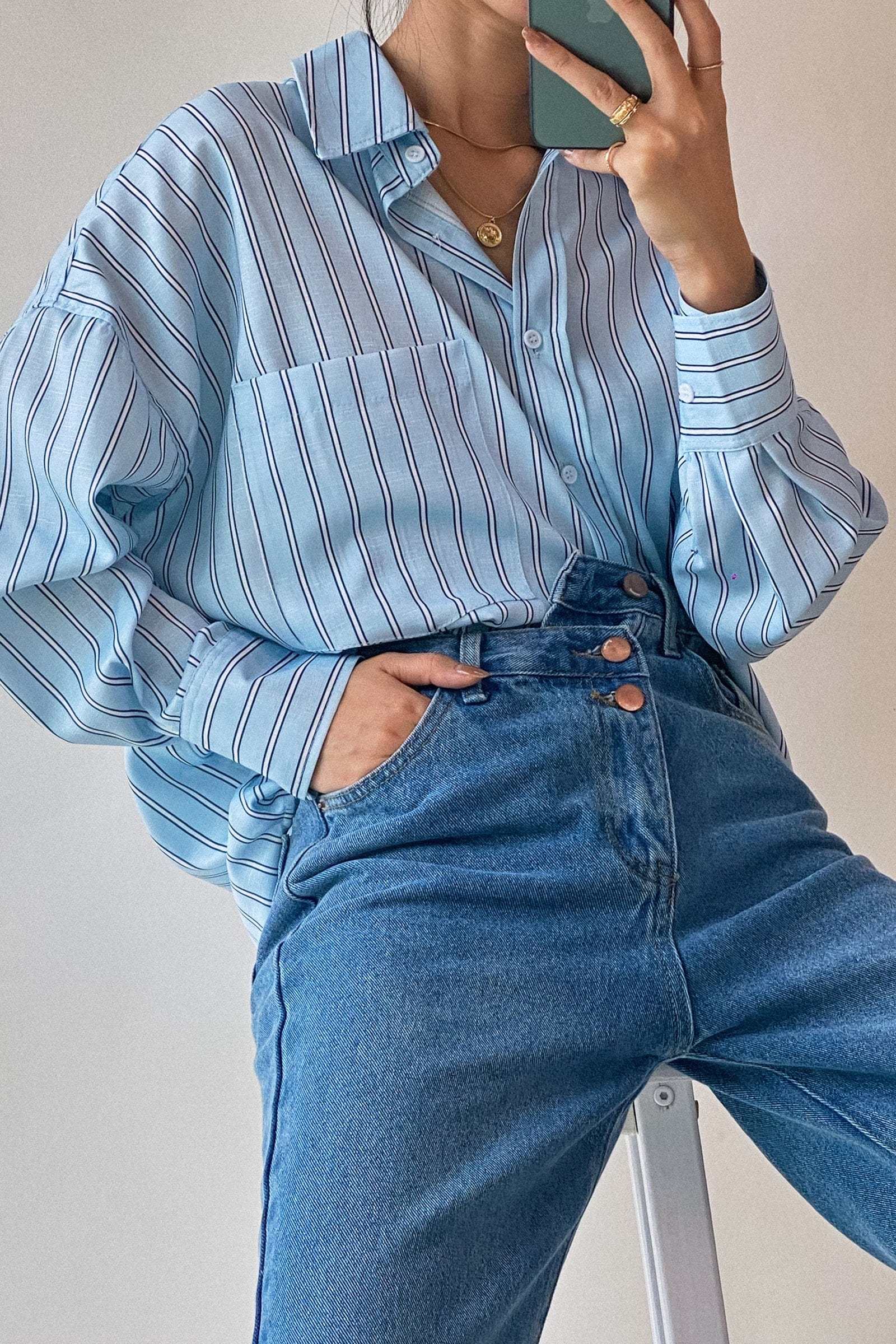 Light Blue Striped Pocket Button-Up Long Sleeve Shirt