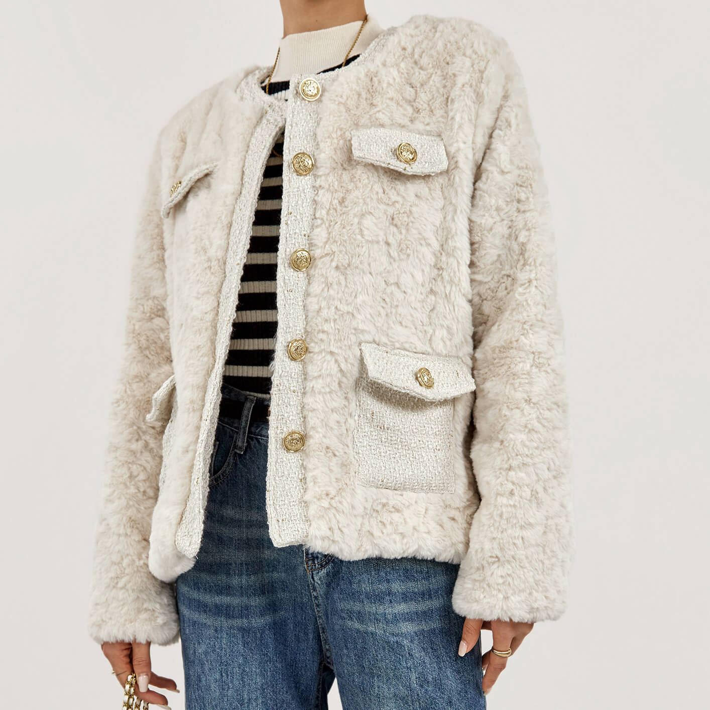 Tweed Crew Neck Pocket Teddy Jacket-J.ING