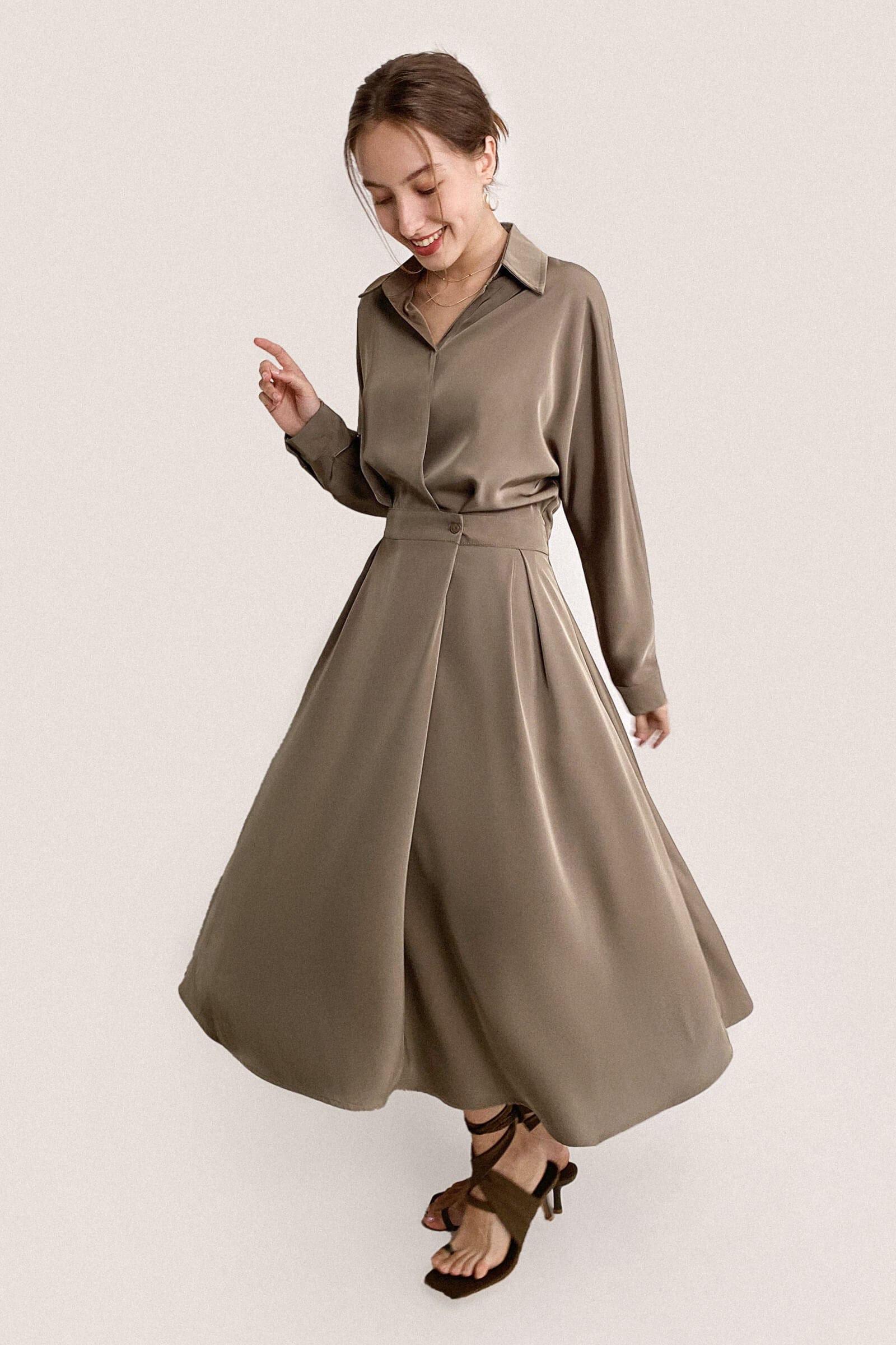 Brown Surplice Pleat Detail A-Line Maxi Shirt Dress