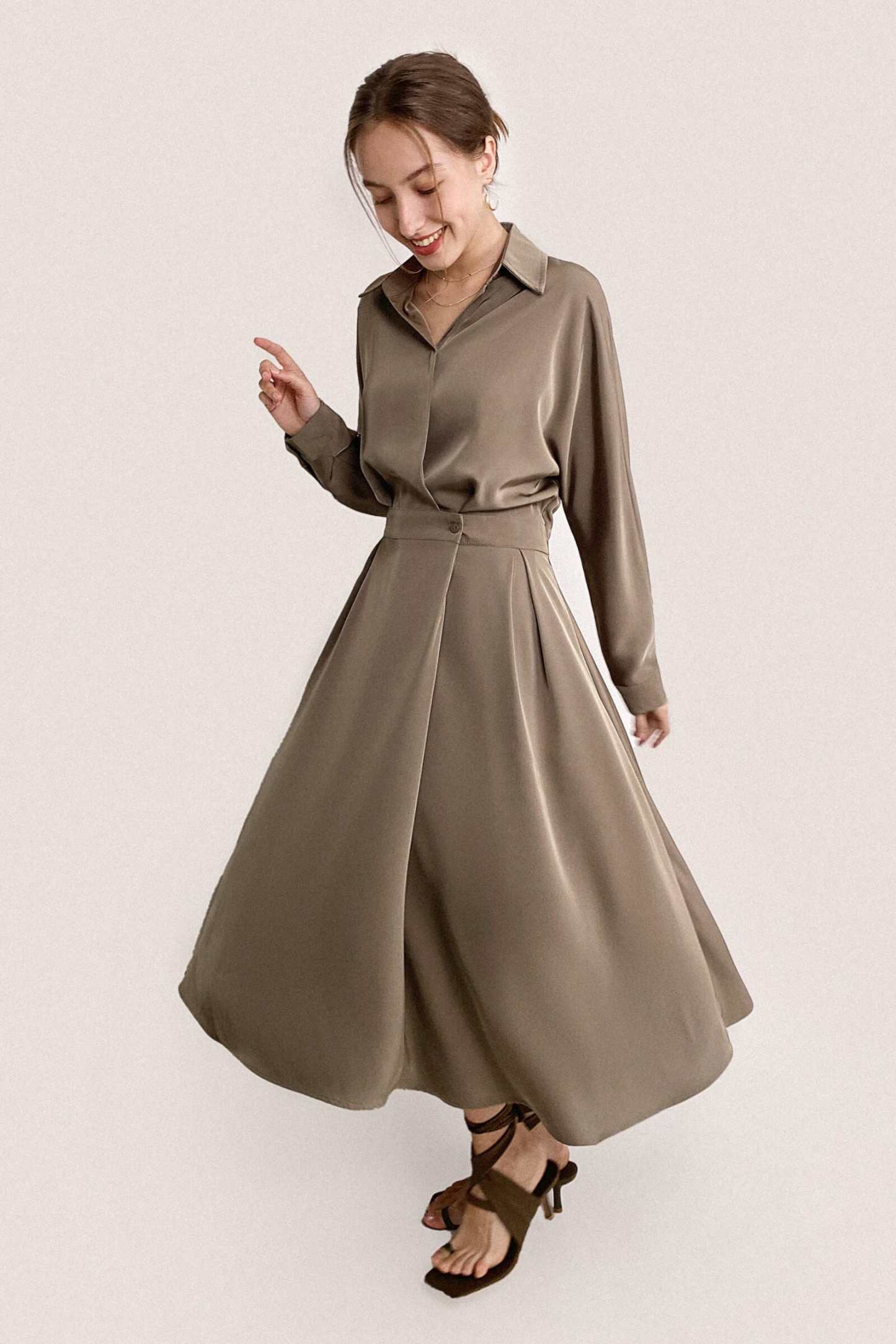 Brown Surplice Pleat Detail A-Line Maxi Shirt Dress
