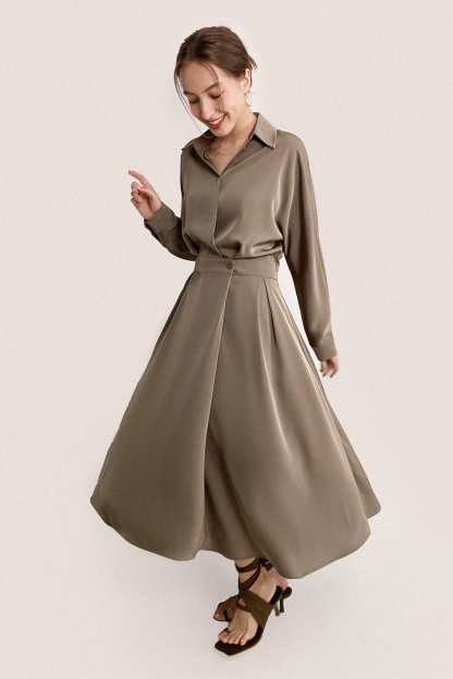 Brown Surplice Pleat Detail A-Line Maxi Shirt Dress