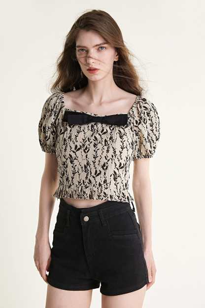 Beige Leaf Print Puff Sleeve Bow Detail Crop Top