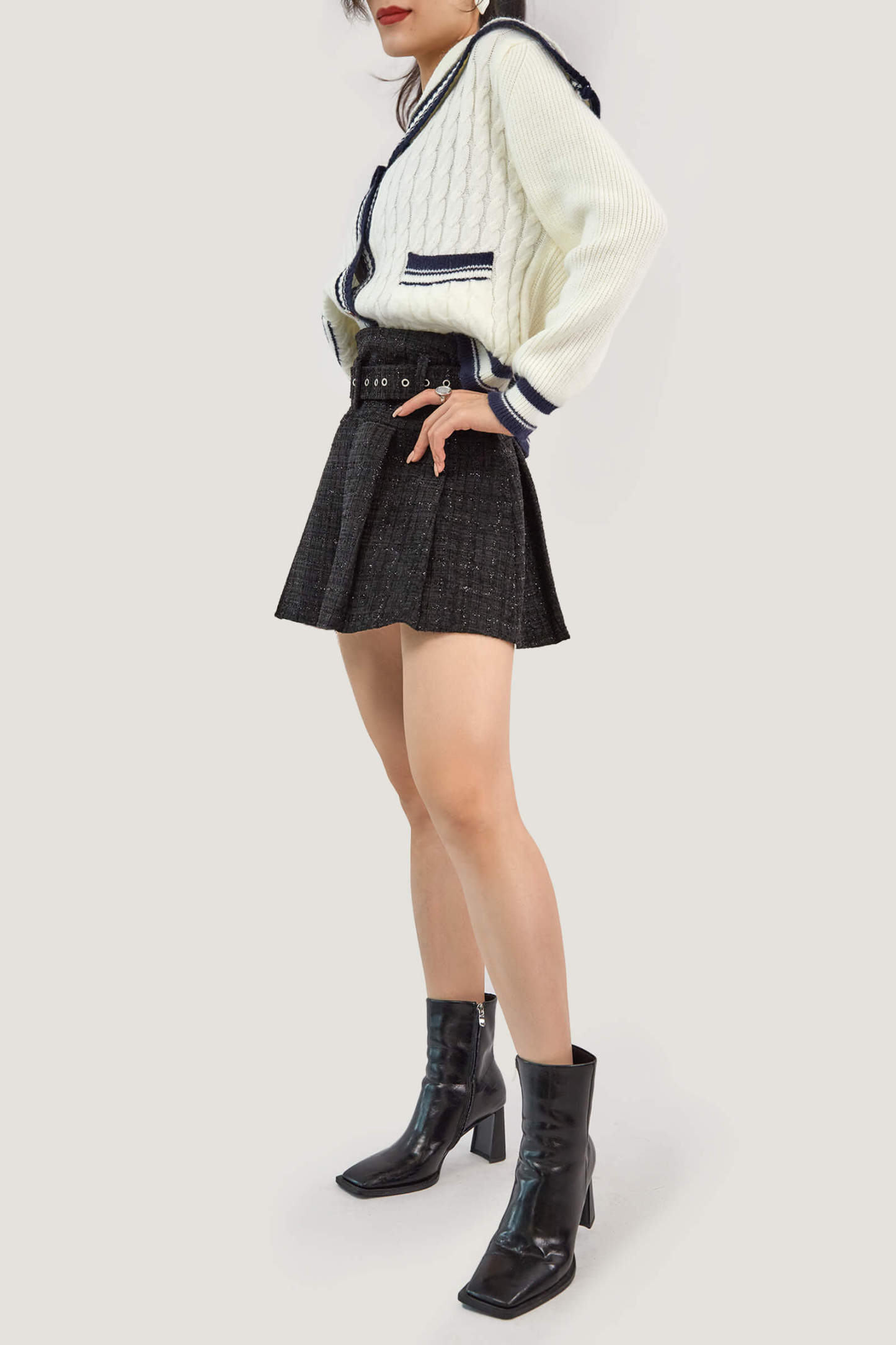 Ivory Sailor Collar Striped Trim Ribbed  Cardigan