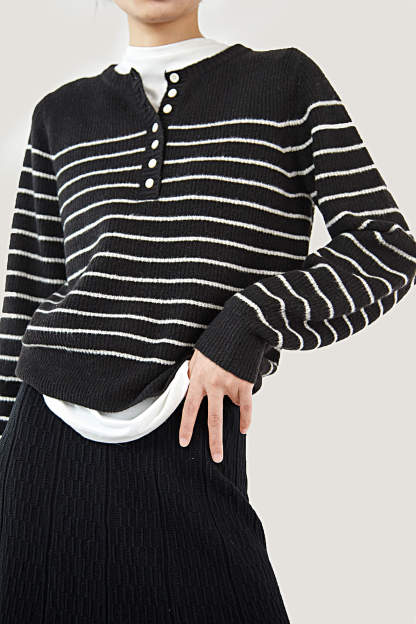 Black Wool-Blend Half-Button Striped Sweater