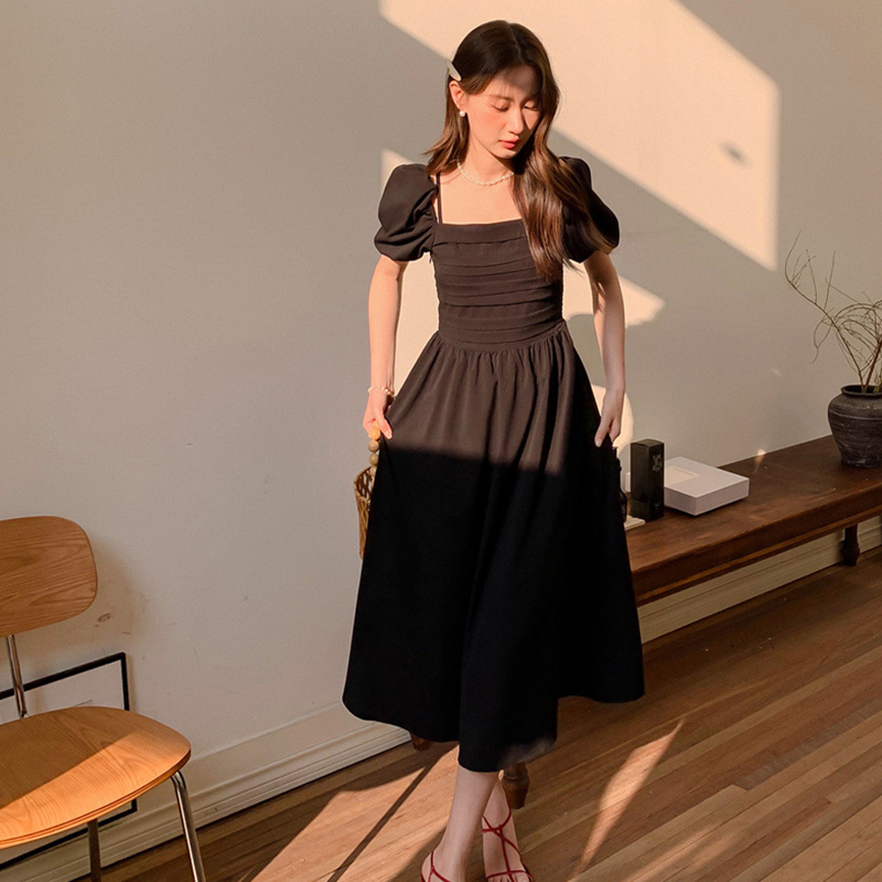 Black Puff Sleeves Wear Two Shoulders And Age-Reducing Dresses-J.ING