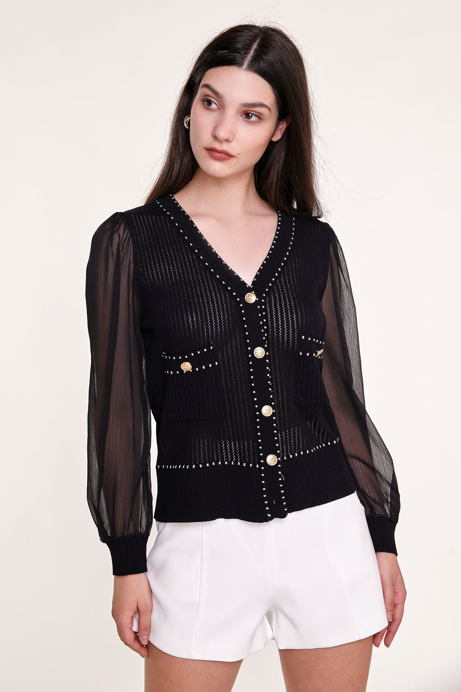 Black Sheer Long Sleeve Pointelle-Knit Cardigan With Gold Buttons